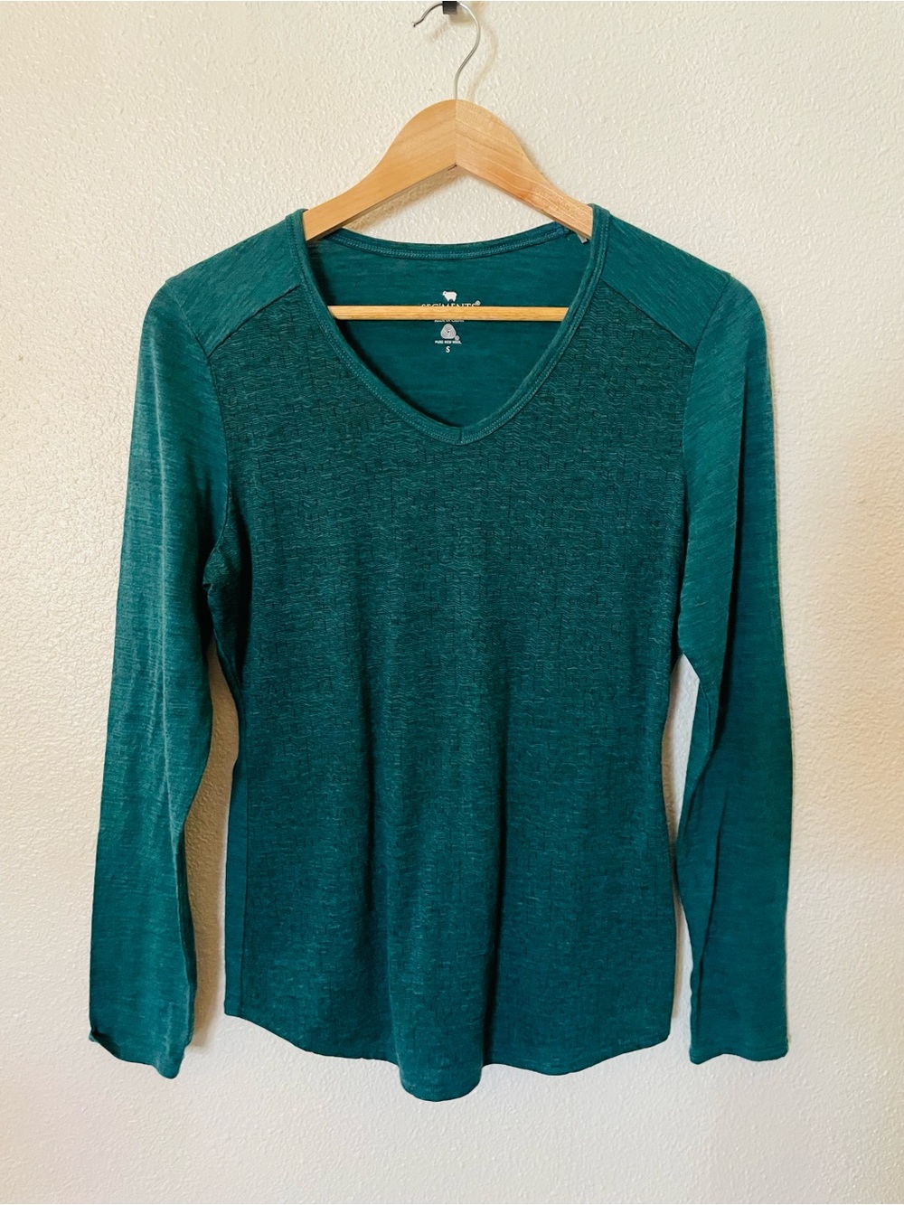 Seg’Ments Long Sleeve V Neck 100% Wool Base Layer Shirt Size Small Teal